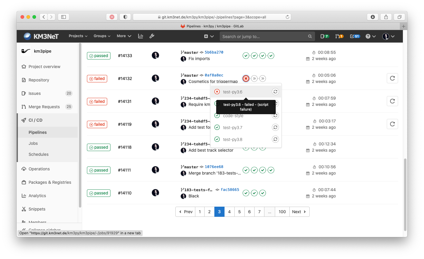 CI Pipelines of the km3pipe projects showing a failing test in a Python 3.6 environment